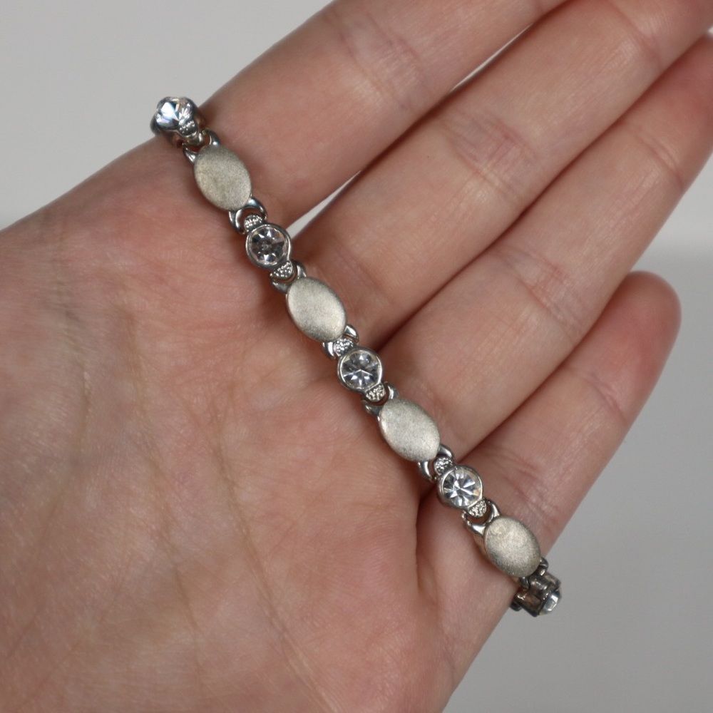 Vintage Stainless Steel Silver Inlaid Gem Linked Tennis Bracelet 7”